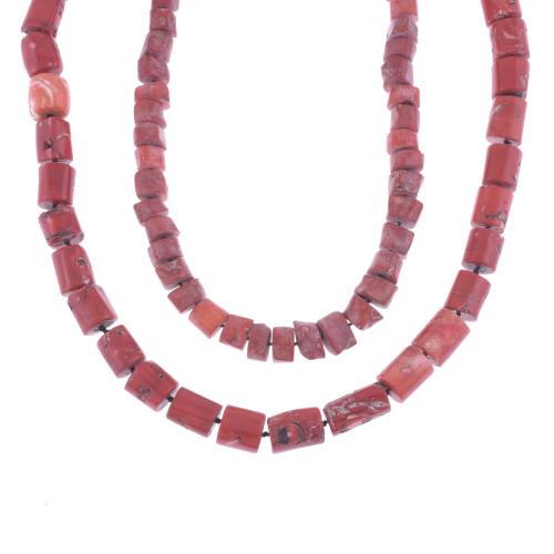 TWO LONG NECKLACES IN RED CORAL ROOT.