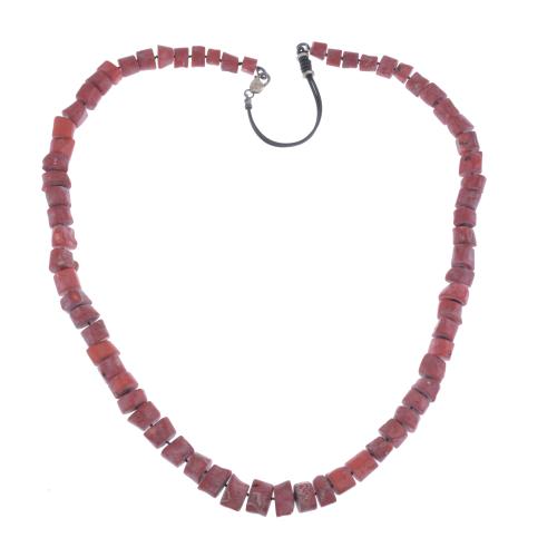 TWO LONG NECKLACES IN RED CORAL ROOT.