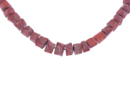 TWO LONG NECKLACES IN RED CORAL ROOT.