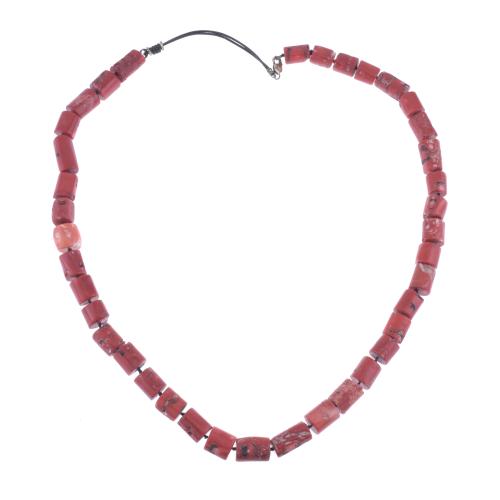 TWO LONG NECKLACES IN RED CORAL ROOT.