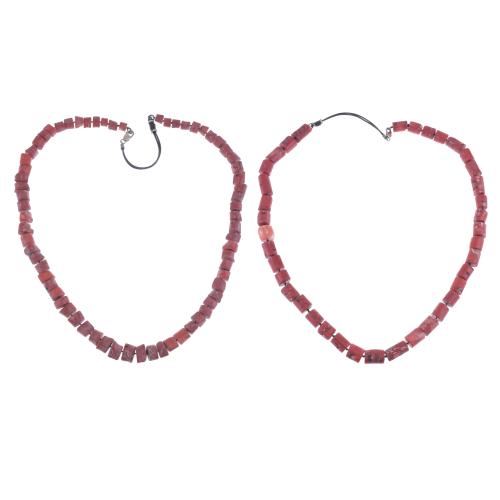 TWO LONG NECKLACES IN RED CORAL ROOT.