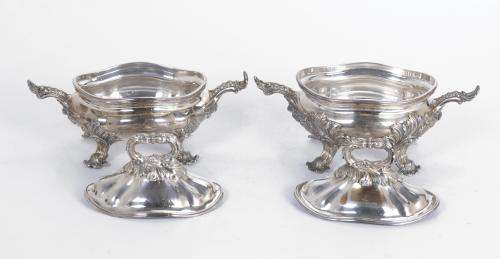 TWO VICTORIAN SILVERY METAL SAUCE BOATS, CIRCA 1880.