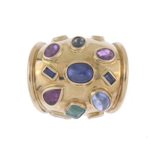 LARGE BULGARI-LIKE RING WITH ASSORTED GEMSTONES.