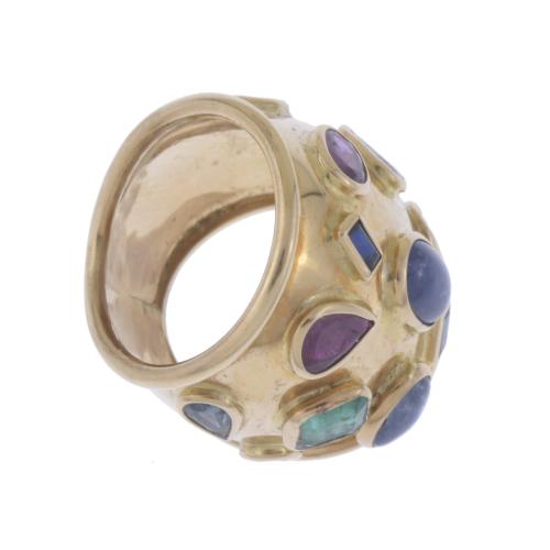 LARGE BULGARI-LIKE RING WITH ASSORTED GEMSTONES.