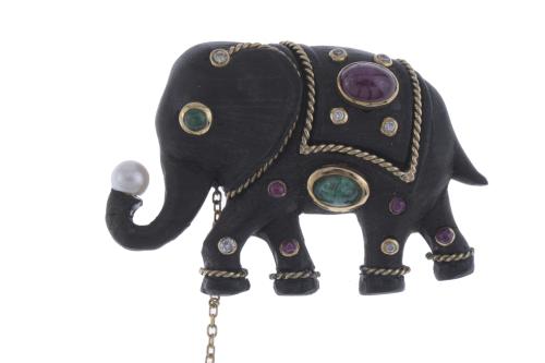 EBONY ELEPHANT-SHAPED BROOCH WITH RHINESTONES.