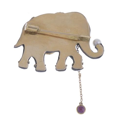 EBONY ELEPHANT-SHAPED BROOCH WITH RHINESTONES.