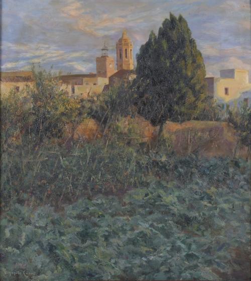 693-AGAPITO CASAS ABARCA (1874-1964).  "PAISAJE CON CAMPANARIO".