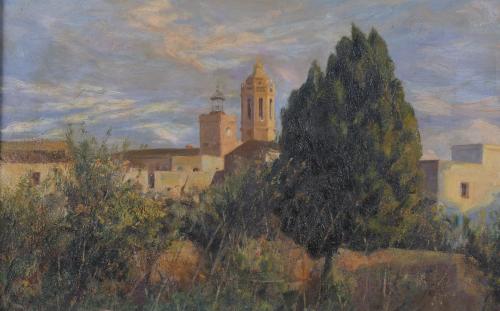 AGAPITO CASAS ABARCA (1874-1964).  "PAISAJE CON CAMPANARIO".