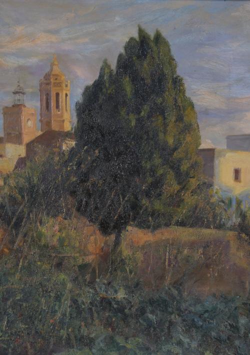 AGAPITO CASAS ABARCA (1874-1964).  "PAISAJE CON CAMPANARIO".