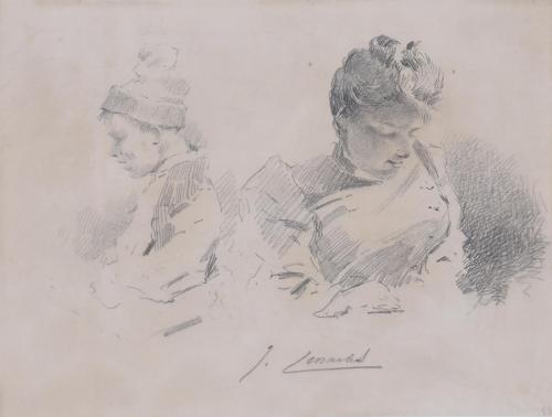 838-JOSEP CUSACHS I CUSACHS (1851-1908). Boceto para dama y niño.
