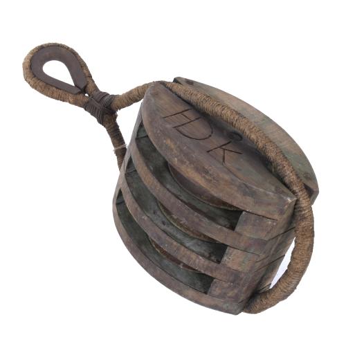 509-LARGE SHIP'S PULLEY FOR THREE ROPES, 20TH CENTURY.