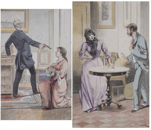 931-JOSÉ CUCHY ARNAU (1857-1937). Pareja de dibujos para ilustraciones.
