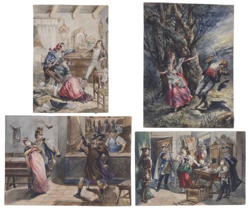874-LLUÍS LABARTA I GRAÑÉ (1852-1924). Conjunto de 4 ilustraciones con escenas violentas.