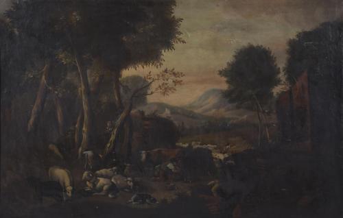 692-17TH CENTURY EUROPEAN SCHOOL. "LANDSCAPE WITH SHEPHERDS AND FLOCK OF SHEEP".