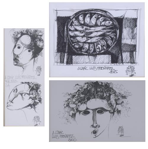 832-JORDI ALUMA MASVIDAL (1924-2021). Dos litografías y un dibujo a bolígrafo negro sobre papel, 2005-2008.