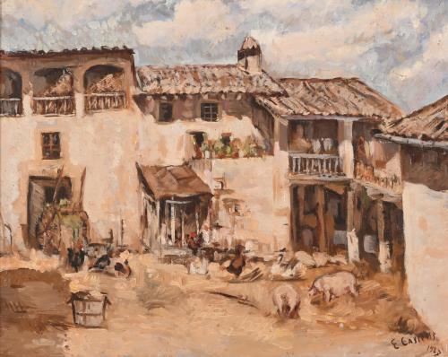 ESCUELA CATALANA, SIGLO XX. "PATIO DE MASÍA CON ANIMALES",