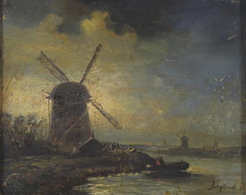 ATTRIBUTED TO -BARTHOLD JONGKIND (1819-1891). "NIGHT LANDSCAPE WITH A WINDMILL".