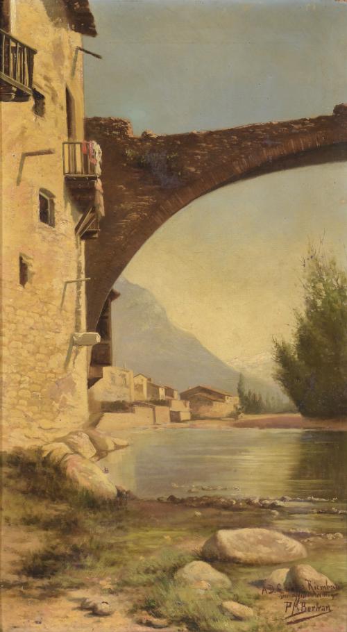 PABLO MARIA BERTRAN Y TINTORÉ (1868-1909). "LANDSCAPE WITH A RIVER AND A BRIDGE".