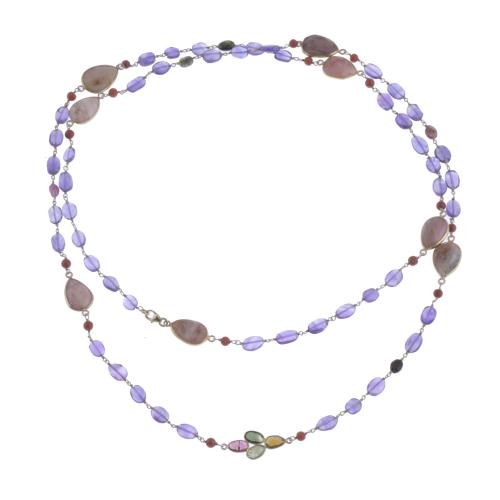 129-NECKLACE WITH AMETHYSTS, CORAL, OPAL AND TOURMALINES