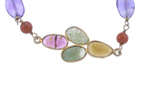 NECKLACE WITH AMETHYSTS, CORAL, OPAL AND TOURMALINES