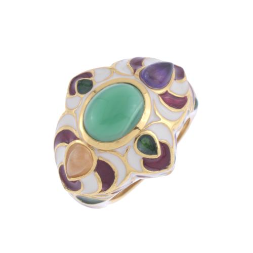 26-RING WITH ENAMEL, CHRYSOPRASE, AMETHYST AND CABOCHON CITRINE