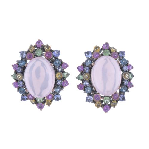 54-EARRINGS WITH ROSE CABOCHON QUARTZ, COLOURED SAPPHIRES, TANZANITES AND TSAVORITES