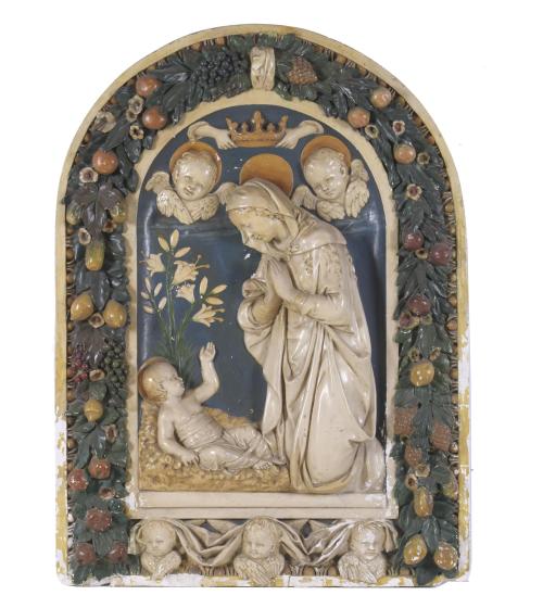 SIGUIENDO MODEOS DE LUCA DELLA ROBBIA (1400 - 1482). "VIRGEN MARIA Y EL NIÑO JESÚS", SIGLO XIX.