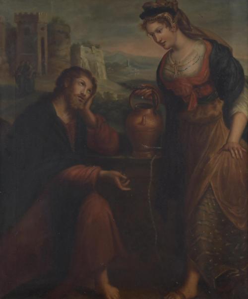 596-19TH CENTURY ITALIAN SCHOOL. "CHRIST AND THE SAMARITAN WOMAN". Based on the work by Lavinia Fontana.