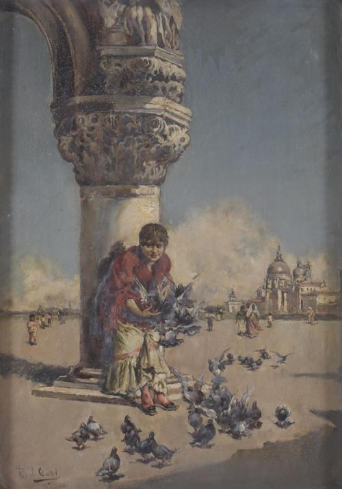 RAFAEL JUAN CONTELL (1850-?).  "GIRL WITH PIGEONS".