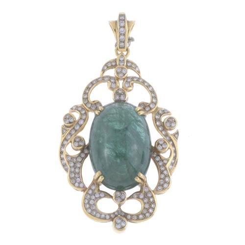 183-1960'S PENDANT WITH LARGE EMERALD, GOLD AND DIAMONDS