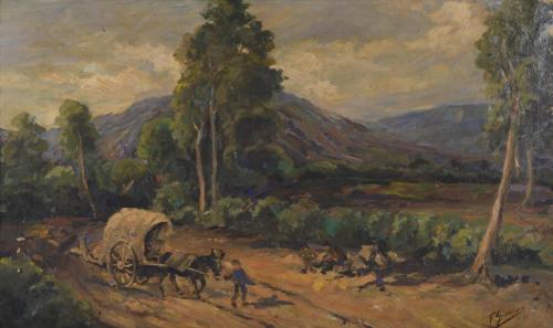 FRANCESC GIMENO ARASA (1858-1927). "PAISAJE CON CARRO Y ARRIERO".