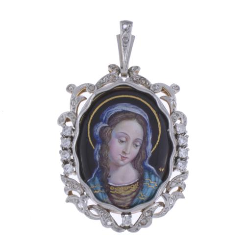 191-ENAMEL PENDANT DEPICTING MADONNA, WITH GOLD AND DIAMONDS