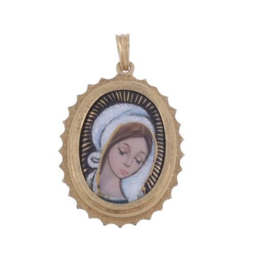 190-GOLD PENDANT WITH ENAMEL DIPICTING MADONNA