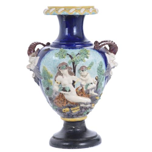 432-FRENCH MAJOLICA PORCELAIN AMPHORA, SECOND HALF OF THE 19TH CENTURY.