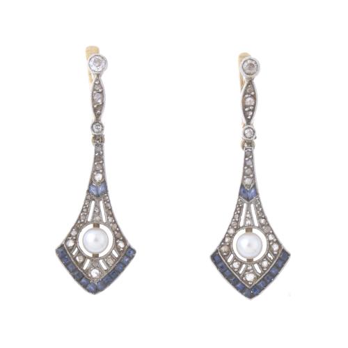 173-ART DÉCO EARRINGS WITH DIAMONDS, SAPPHIRES AND PEARLS.