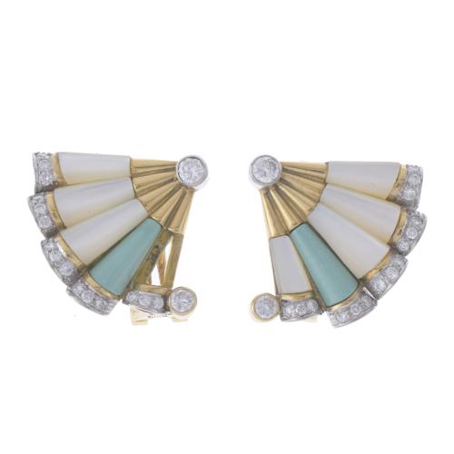 FAN EARRINGS WITH MOTHER-OF-PEARL, TURQUOISES AND DIAMONDS