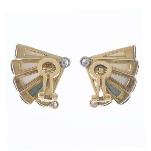 FAN EARRINGS WITH MOTHER-OF-PEARL, TURQUOISES AND DIAMONDS