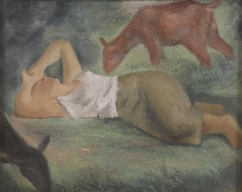 855-JOSEP OBIOLS PALAU (1894-1967). "FIGURE LYING DOWN AND LITTLE LAMBS", 1935.