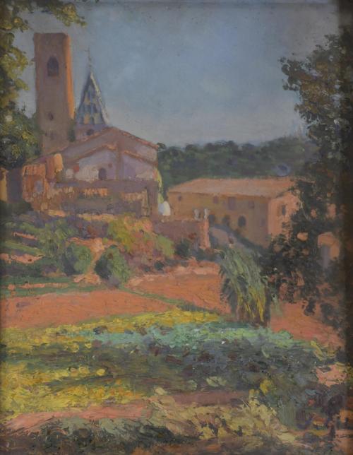 807-JOAN GIL I GIL (1900-1984). "LANDSCAPE WITH A BELL TOWER".