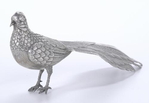 PAIR OF SPANISH SILVER TABLE PHEASANTS, SECOND HALF OF THE 