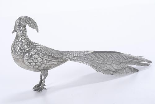 PAIR OF SPANISH SILVER TABLE PHEASANTS, SECOND HALF OF THE 