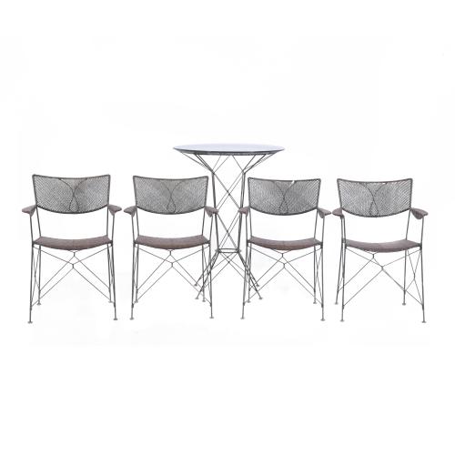 YUZURU YAMAKAWA (1933 - 2012). RATTAN & WIRED FOUR CHAIRS AND HIGH TABLE, CIRCA 1980 - 1990.