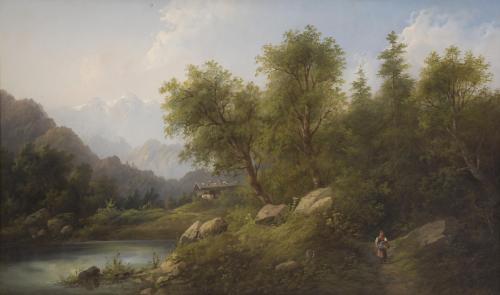 710- EDUARD BOEHM (1830-1890).  "ALPINE LANDSCAPE WITH A PEASANT WOMAN".