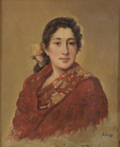 JOSE MARIA ALARCÓN Y CÁCERES (1848-1904).  "RETRATO JOVEN CON MANTÓN".