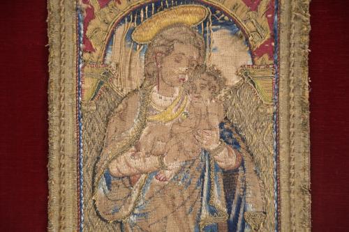 EMBROIDERY ‘MADONNA HOLDING CHILD JESUS IN HER ARMS&#39;, 16TH 