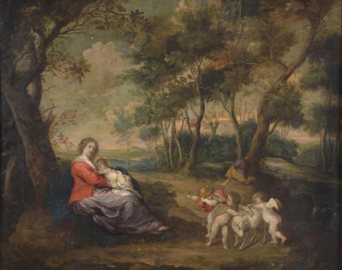 694-JOHANN HENDRICK DE POOTER- 17TH CENTURY DUTCH SCHOOL. "REST ON THE FLIGHT TO EGYPT". 