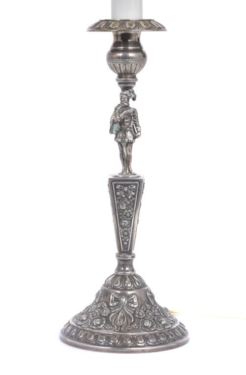 PAIR OF SILVER CANDLESTICKS MOUNTED AS LAMPS, 20TH CENTURY.