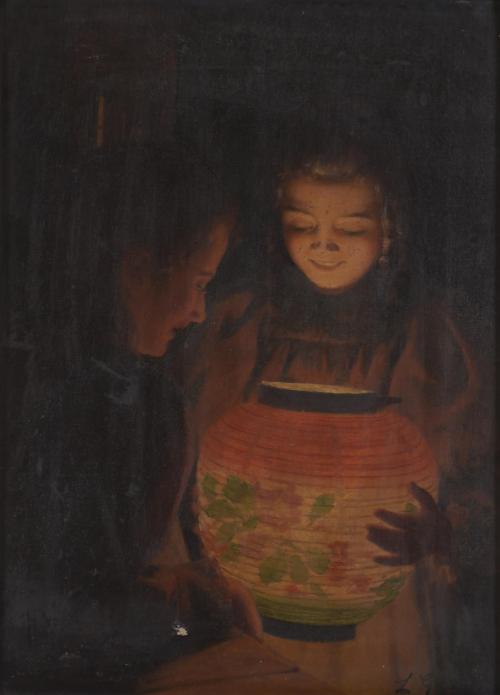 LLUÍS GRANER I ARRUFÍ (1863-1929). "GIRLS WITH A LANTERN". 