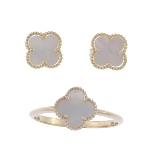 253-RING AND EARRINGS WITH MOTHER-OF-PEARL, AFTER ALHAMBRA MODELS BY VAN CLEEF.