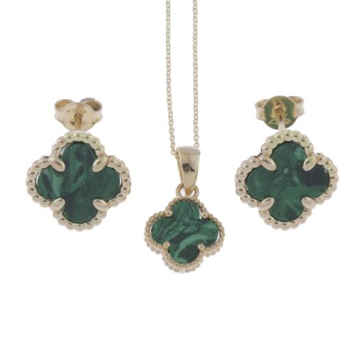 255-EARRINGS AND PENDANT WITH MALACHITE, AFTER ALHAMBRA MODELS BY VAN CLEEF.